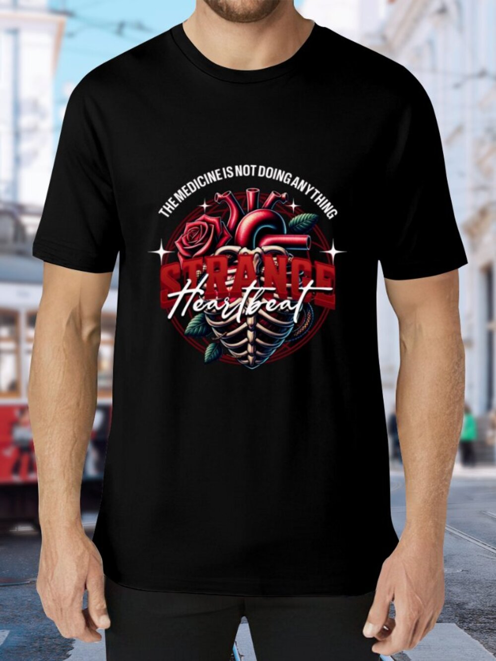 Black 'Strange Heartbeat' Graphic Tee